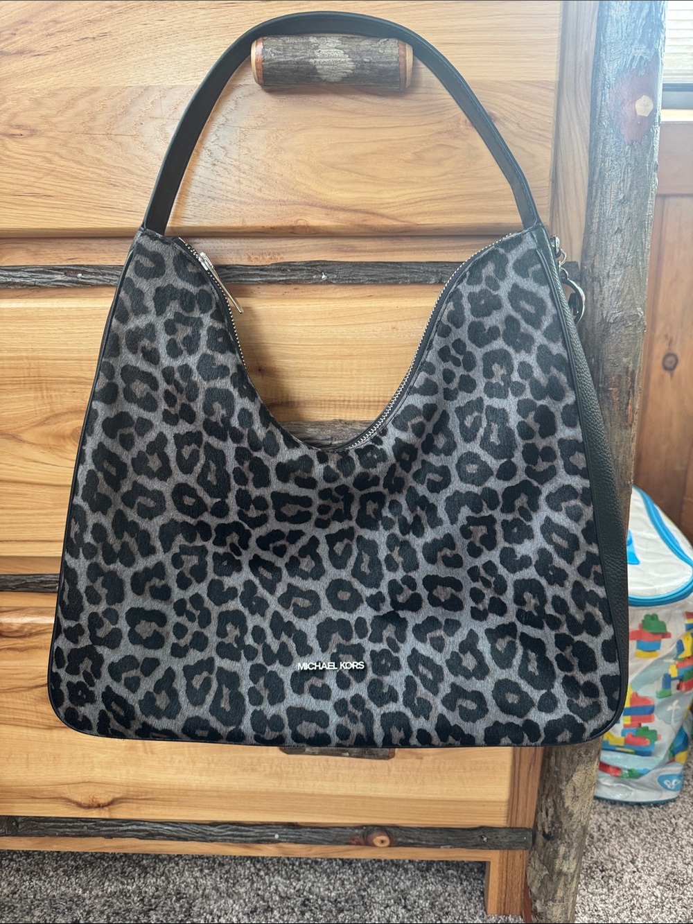 Michael Kors Black & Gray Leopard-Print Hobo Shoulder Bag
